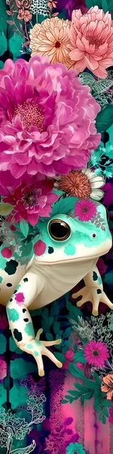 Free printable frog bookmark featuring peeking under pink flower green frog